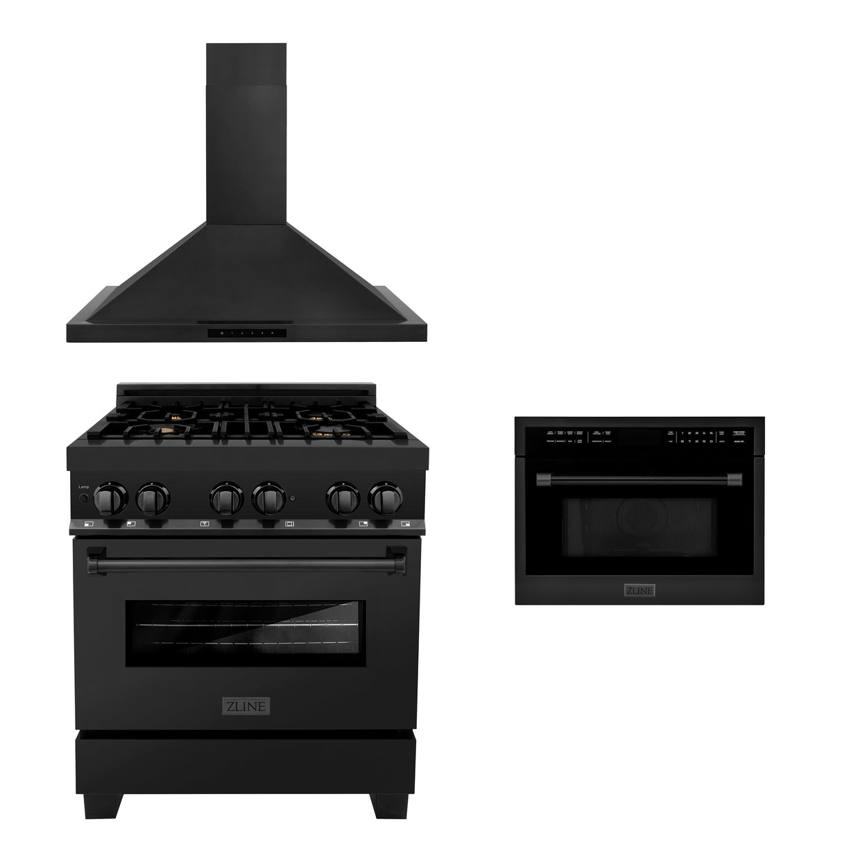 ZLINE 30" Kitchen Package with Black Stainless Steel Dual Fuel Range, Convertible Vent Range Hood and 24" Microwave Oven (3KP-RABRHMWO-30)