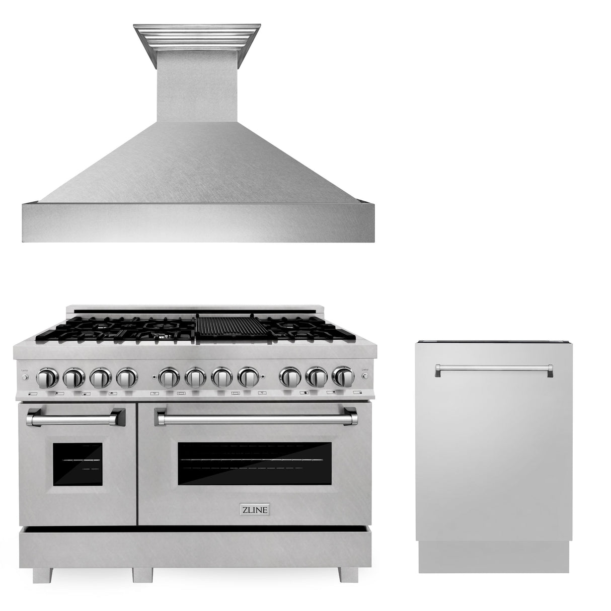 ZLINE 48 in. Kitchen Package with Satin Stainless Dual Fuel Range, Ducted Vent Range Hood and Tall Tub Dishwasher