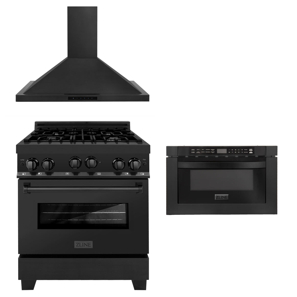 ZLINE 30 in. Kitchen Package with Black Stainless Steel Gas Range, Convertible Vent Range Hood and Microwave Drawer(3KP-RGBRH30-MW)