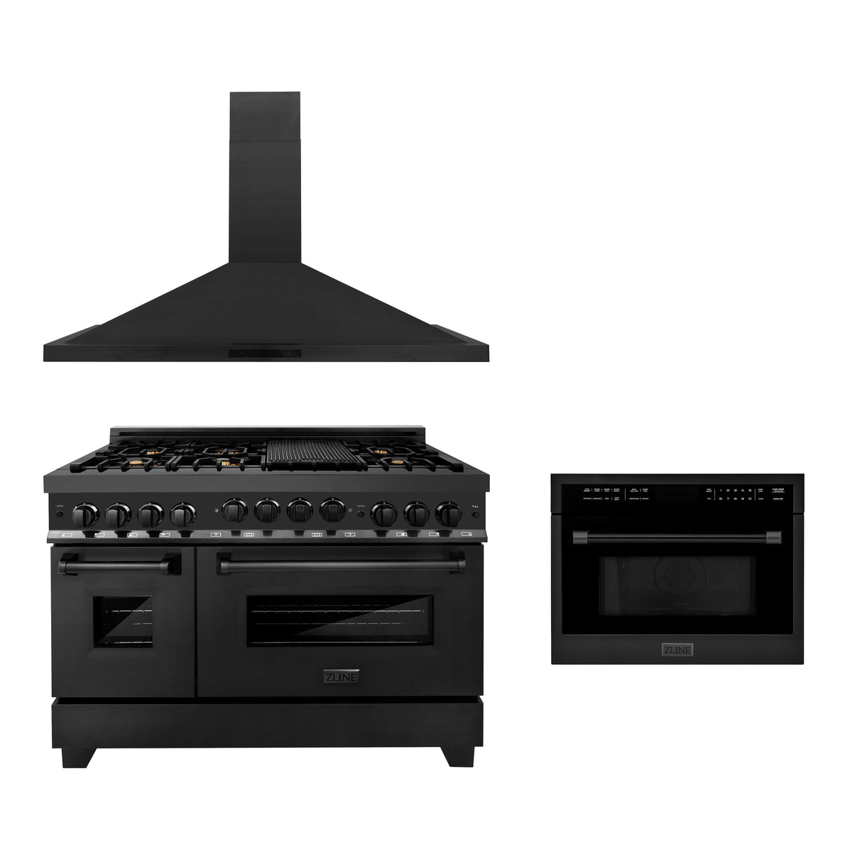ZLINE 48" Kitchen Package with Black Stainless Steel Gas Range, Convertible Vent Range Hood and 24" Microwave Oven (3KP-RGBRHMWO-48)