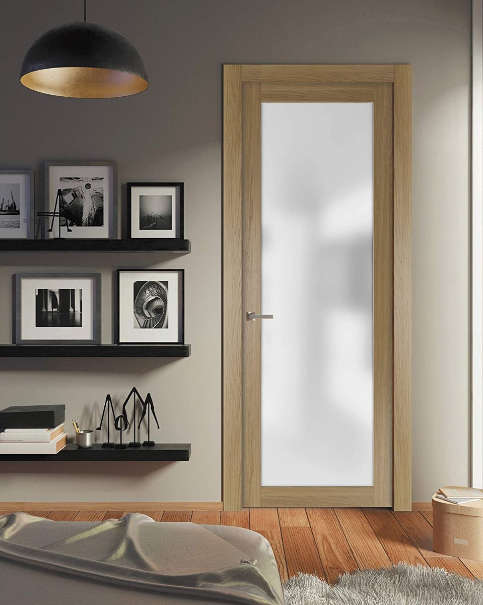 Solid French Door | Planum 2102 Honey Ash with Frosted Glass | Single Regular Panel Frame Trims Handle | Bathroom Bedroom Sturdy Doors