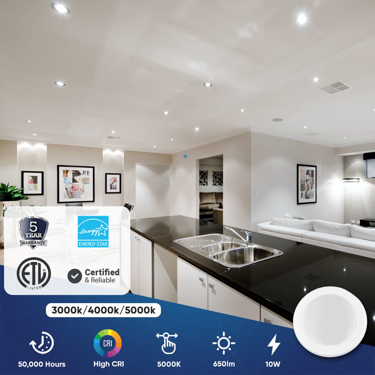 4 Inch Ultra Thin LED Downlights, 10W, Round, Surface Mount Disk Light, Dimming, ETL and Energy Star Listed, Recessed Downlights For Entrances, Living Rooms, Dens - BUILDMYPLACE