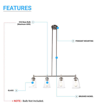 4 - Lights Island Linear Pendant Light with Clear Glass Shade, E26 Base, UL Listed for Damp Location - BUILDMYPLACE