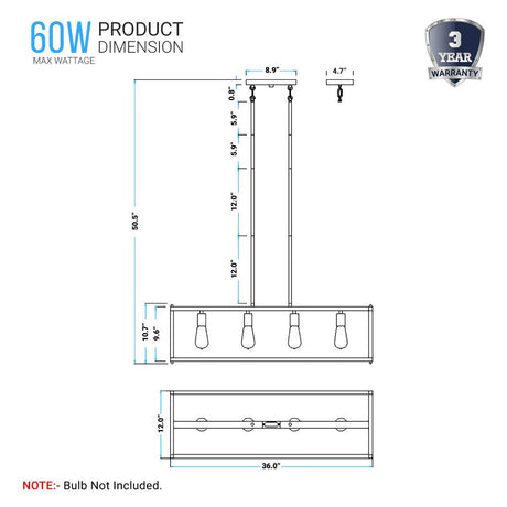 4 - Lights Linear Chandelier Light, For Damp Location, Open Frame Rectangle Chandeliers, E26 Base, UL Listed, 3 Years Warranty - BUILDMYPLACE