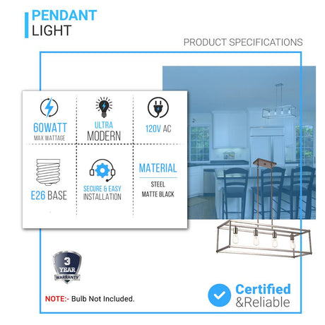 4 - Lights Linear Chandelier Light, For Damp Location, Open Frame Rectangle Chandeliers, E26 Base, UL Listed, 3 Years Warranty - BUILDMYPLACE