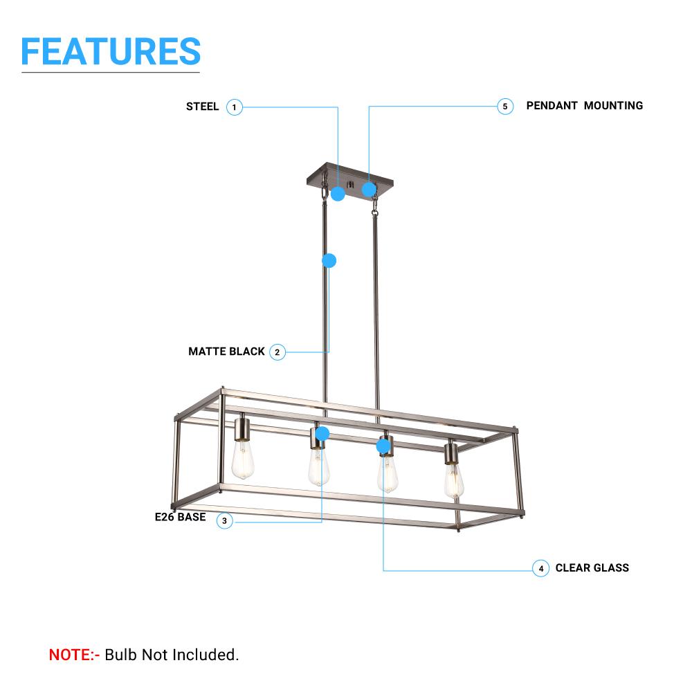 4 - Lights Linear Chandelier Light, For Damp Location, Open Frame Rectangle Chandeliers, E26 Base, UL Listed, 3 Years Warranty - BUILDMYPLACE