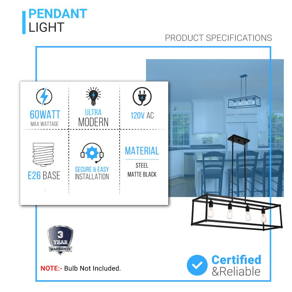 4 - Lights Linear Chandelier Light, For Damp Location, Open Frame Rectangle Chandeliers, E26 Base, UL Listed, 3 Years Warranty - BUILDMYPLACE