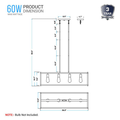 4 - Lights Linear Chandelier Light, For Damp Location, Open Frame Rectangle Chandeliers, E26 Base, UL Listed, 3 Years Warranty - BUILDMYPLACE