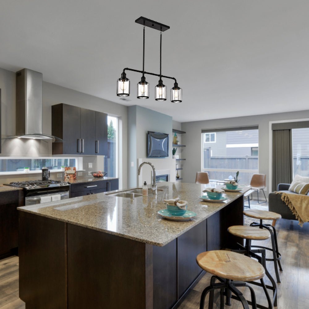 4 - Lights Linear Pendant Light with Clear Glass Shades, Matte Black Finish, UL Listed for Damp Location, E26 Base - BUILDMYPLACE