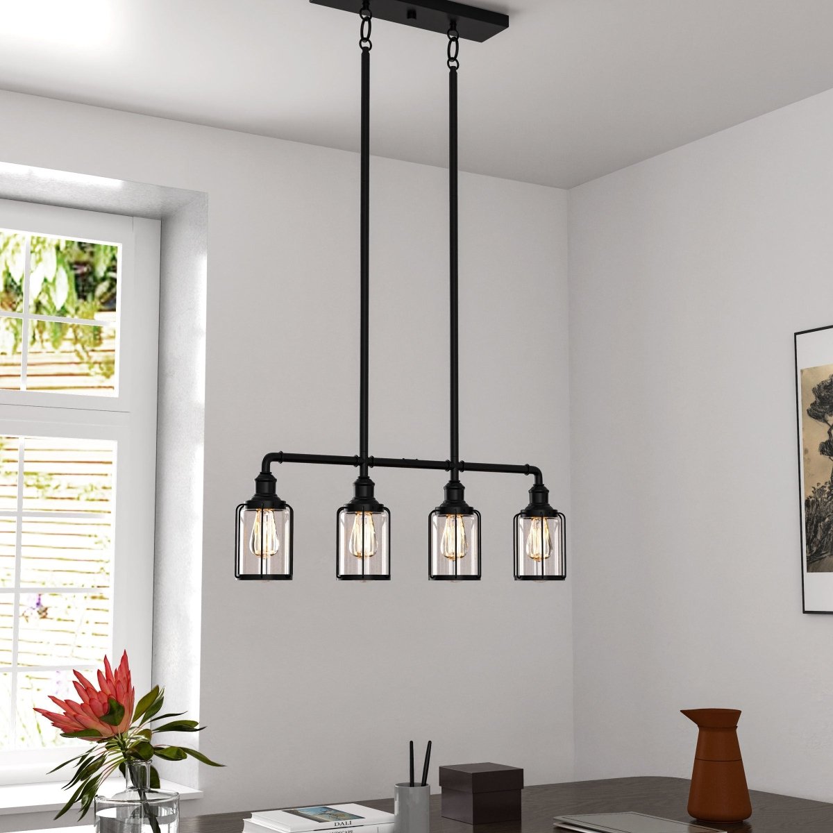 4 - Lights Linear Pendant Light with Clear Glass Shades, Matte Black Finish, UL Listed for Damp Location, E26 Base - BUILDMYPLACE