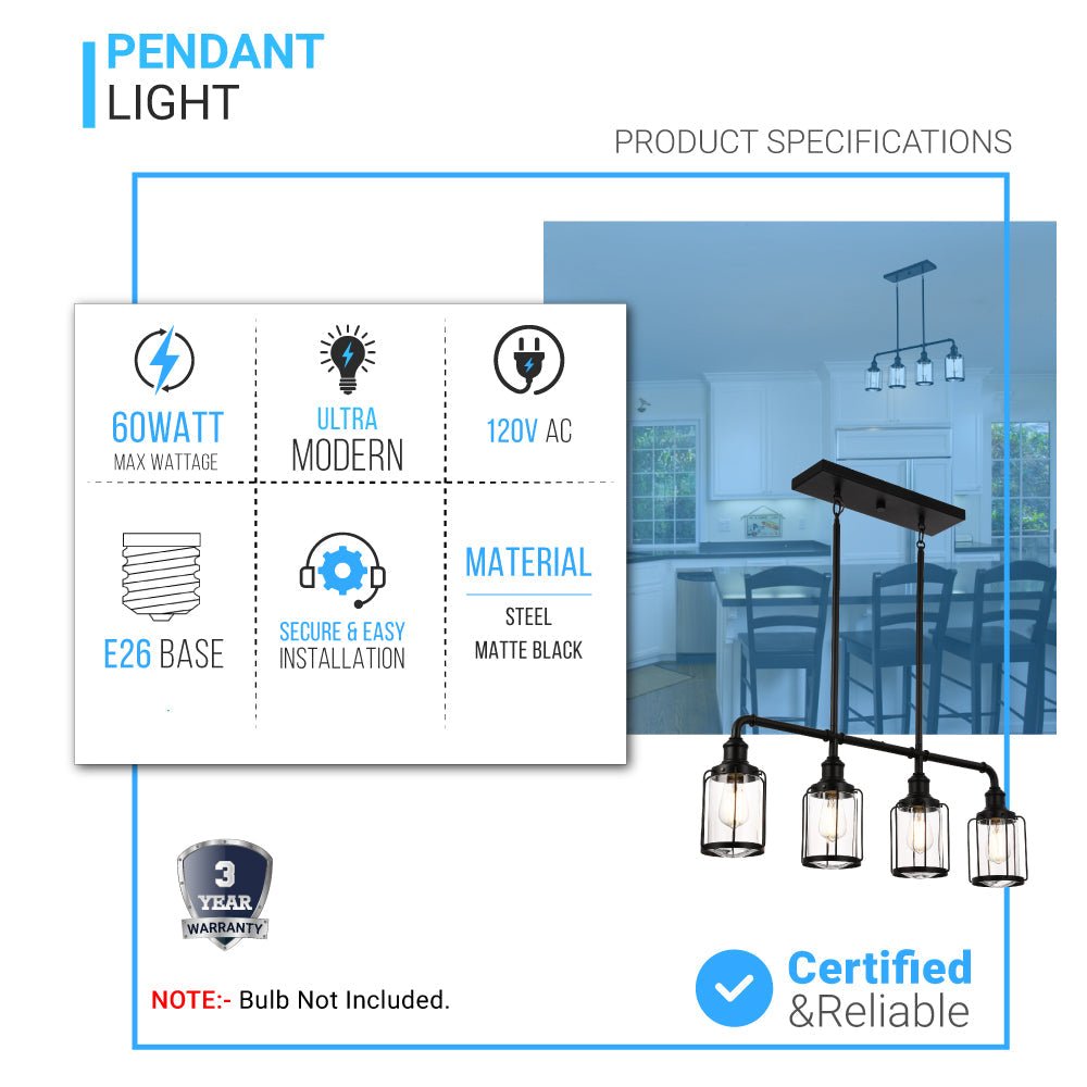 4 - Lights Linear Pendant Light with Clear Glass Shades, Matte Black Finish, UL Listed for Damp Location, E26 Base - BUILDMYPLACE