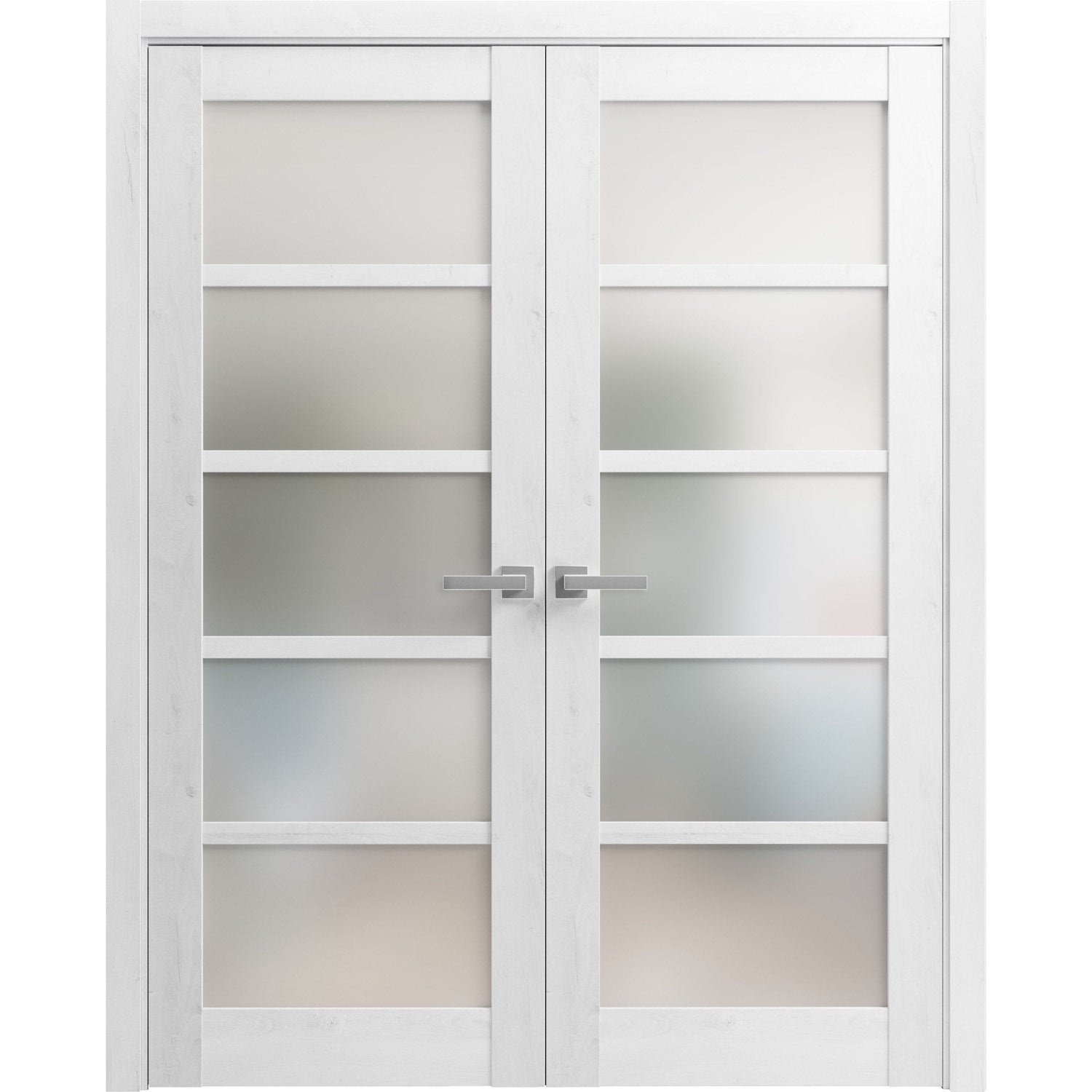 Solid French Double Doors | Quadro 4002 Nordic White with Frosted Glass | Wood Solid Panel Frame Trims | Closet Bedroom Sturdy Doors