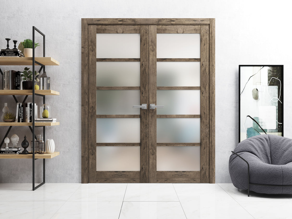 Solid French Double Doors | Quadro 4002 Cognac Oak with Frosted Glass | Wood Solid Panel Frame Trims | Closet Bedroom Sturdy Doors