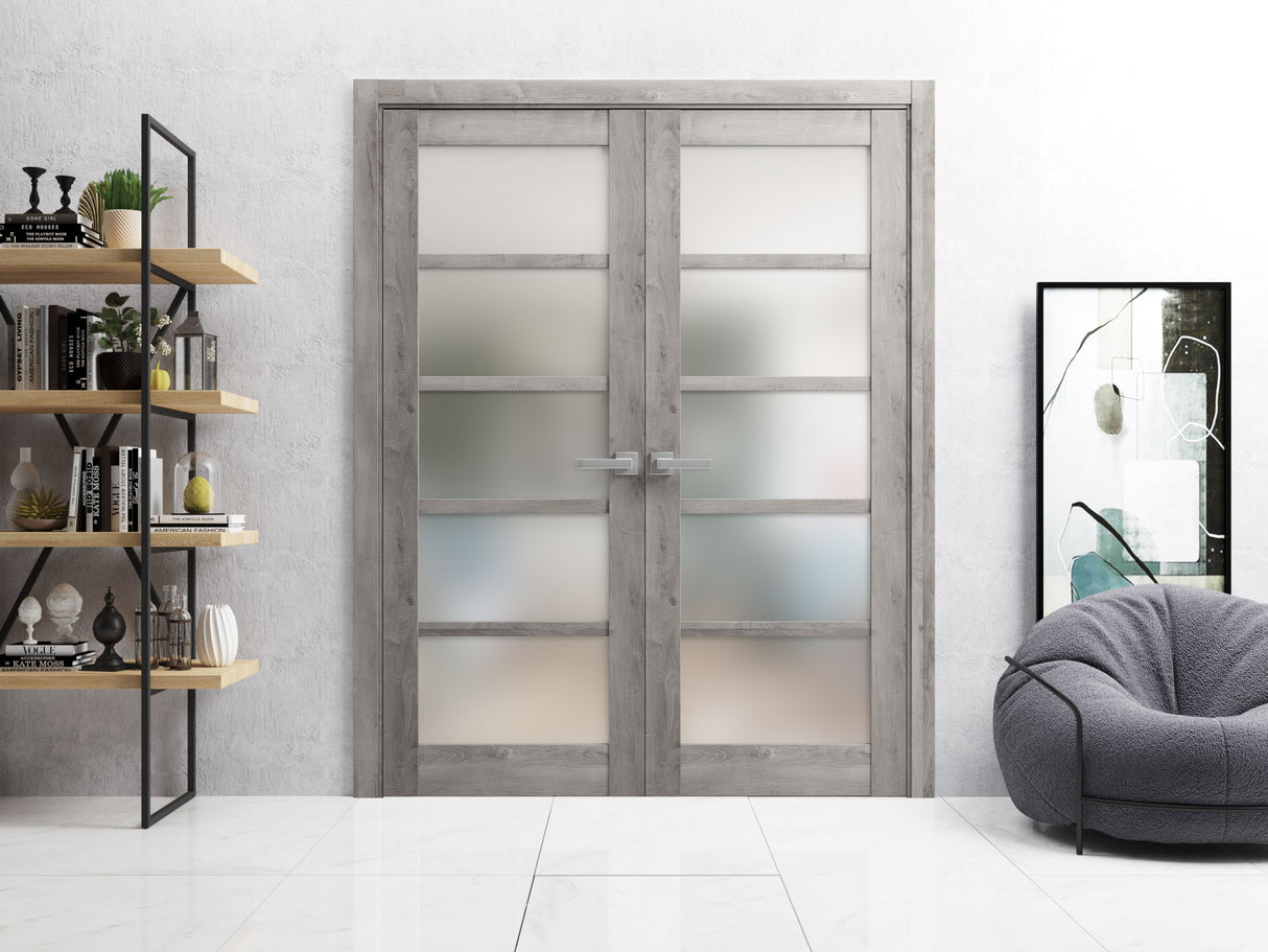Solid French Double Doors | Quadro 4002 Nebraska Grey with Frosted Glass | Wood Solid Panel Frame Trims | Closet Bedroom Sturdy Doors