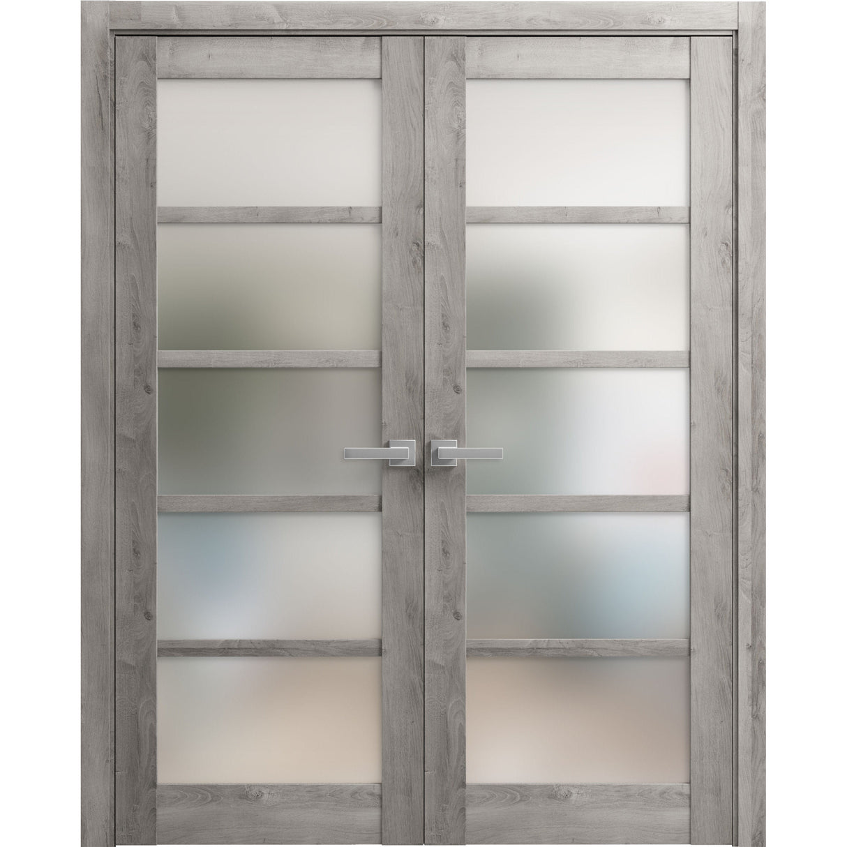 Solid French Double Doors | Quadro 4002 Nebraska Grey with Frosted Glass | Wood Solid Panel Frame Trims | Closet Bedroom Sturdy Doors