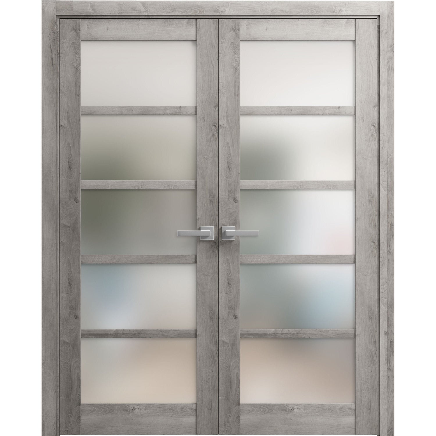 Solid French Double Doors | Quadro 4002 Nebraska Grey with Frosted Glass | Wood Solid Panel Frame Trims | Closet Bedroom Sturdy Doors