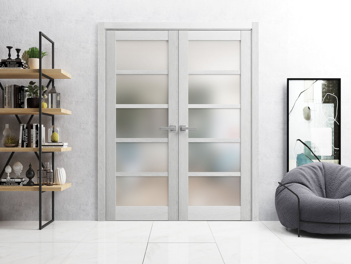 Solid French Double Doors | Quadro 4002 Light Grey Oak with Frosted Glass | Wood Solid Panel Frame Trims | Closet Bedroom Sturdy Doors