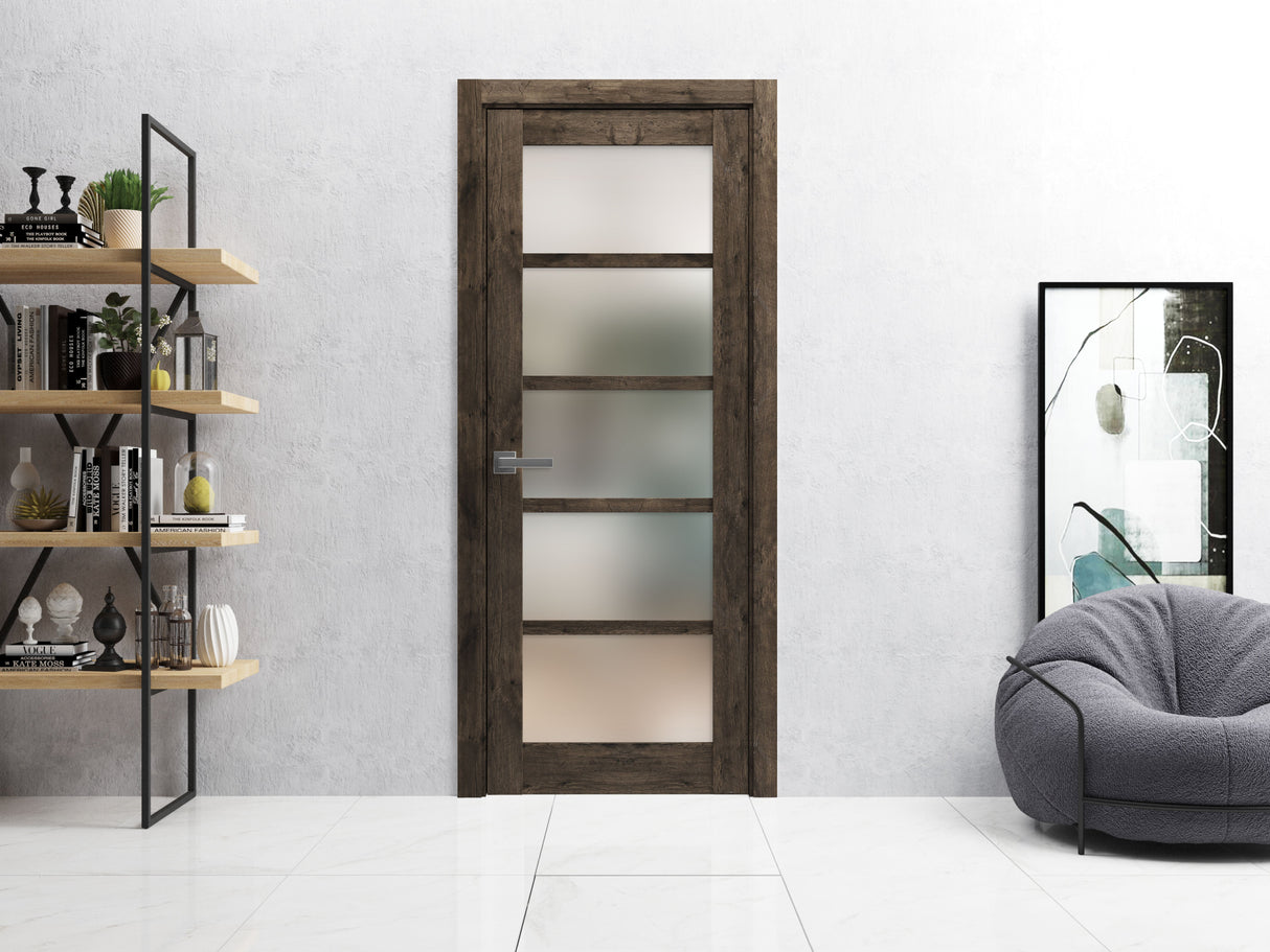 Solid French Door | Quadro 4002 Cognac Oak with Frosted Glass | Single Regular Panel Frame Trims Handle | Bathroom Bedroom Sturdy Doors