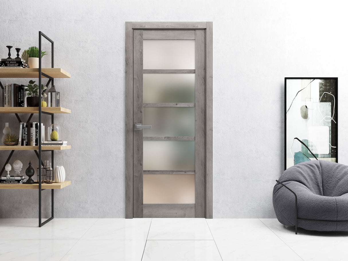 Solid French Door | Quadro 4002 Nebraska Grey with Frosted Glass | Single Regular Panel Frame Trims Handle | Bathroom Bedroom Sturdy Doors