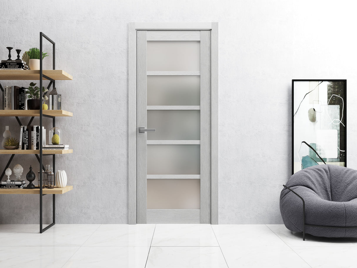 Solid French Door | Quadro 4002 Light Grey Oak with Frosted Glass | Single Regular Panel Frame Trims Handle | Bathroom Bedroom Sturdy Doors