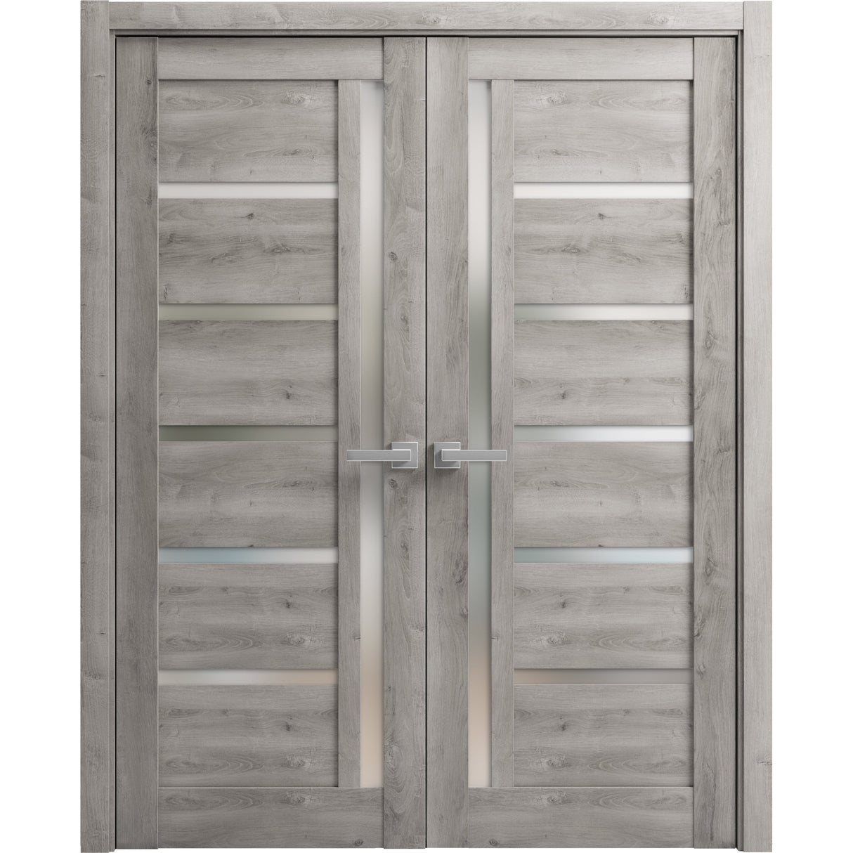 Solid French Double Doors | Quadro 4088 Nebraska Grey with Frosted Glass | Wood Solid Panel Frame Trims | Closet Bedroom Sturdy Doors