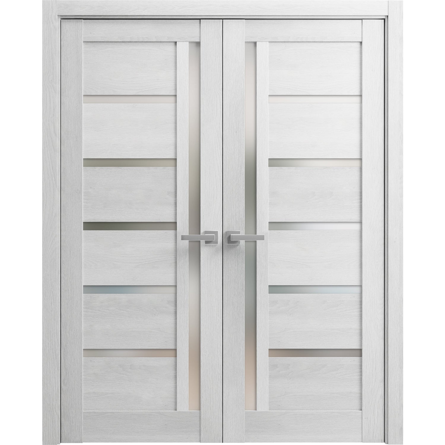 Solid French Double Doors | Quadro 4088 Light Grey Oak with Frosted Glass | Wood Solid Panel Frame Trims | Closet Bedroom Sturdy Doors