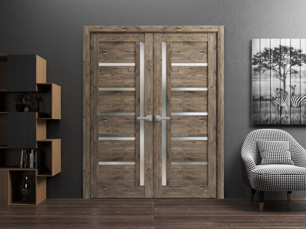 Solid French Double Doors | Quadro 4088 Cognac Oak with Frosted Glass | Wood Solid Panel Frame Trims | Closet Bedroom Sturdy Doors