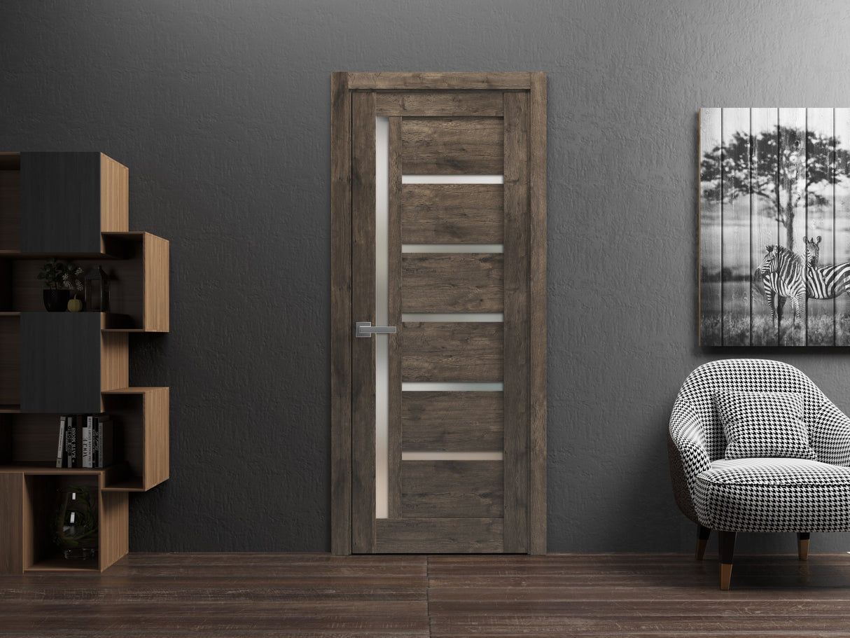 Solid French Door | Quadro 4088 Cognac Oak with Frosted Glass | Single Regular Panel Frame Trims Handle | Bathroom Bedroom Sturdy Doors
