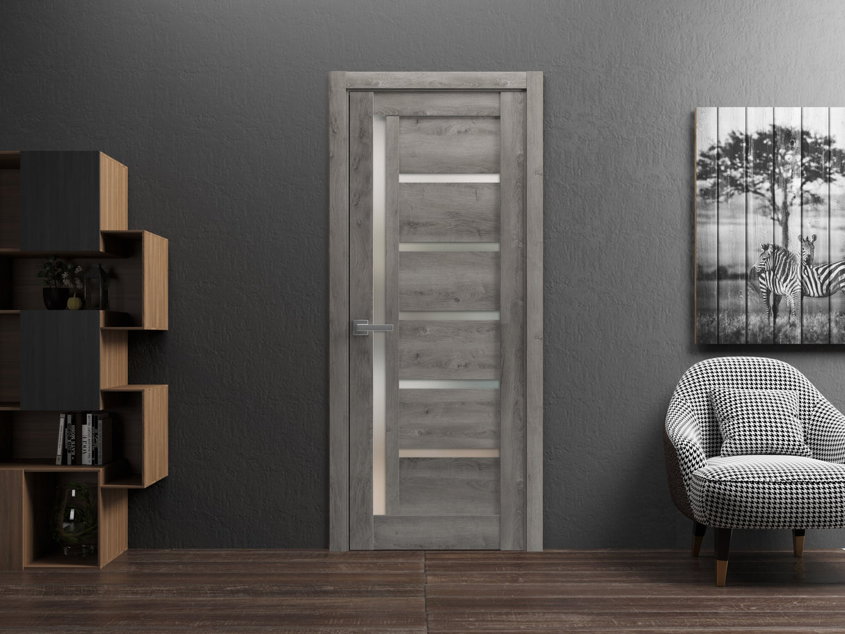 Solid French Door | Quadro 4088 Nebraska Grey with Frosted Glass | Single Regular Panel Frame Trims Handle | Bathroom Bedroom Sturdy Doors