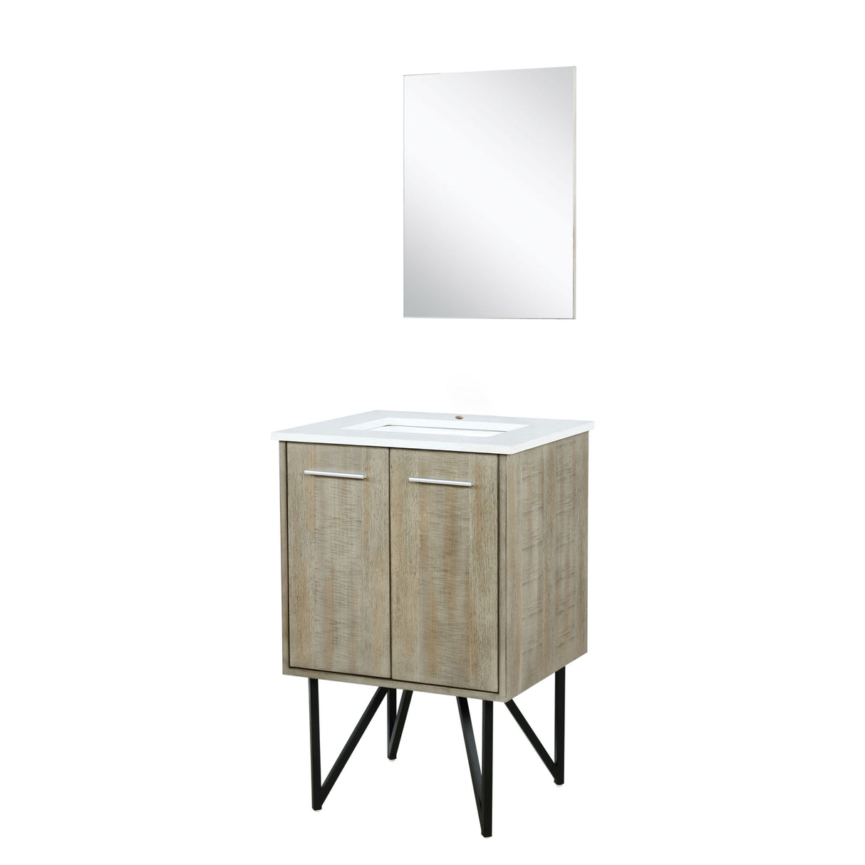 Lancy 24" Rustic Acacia Bathroom Vanity, White Quartz Top, White Square Sink, and 18" Frameless Mirror