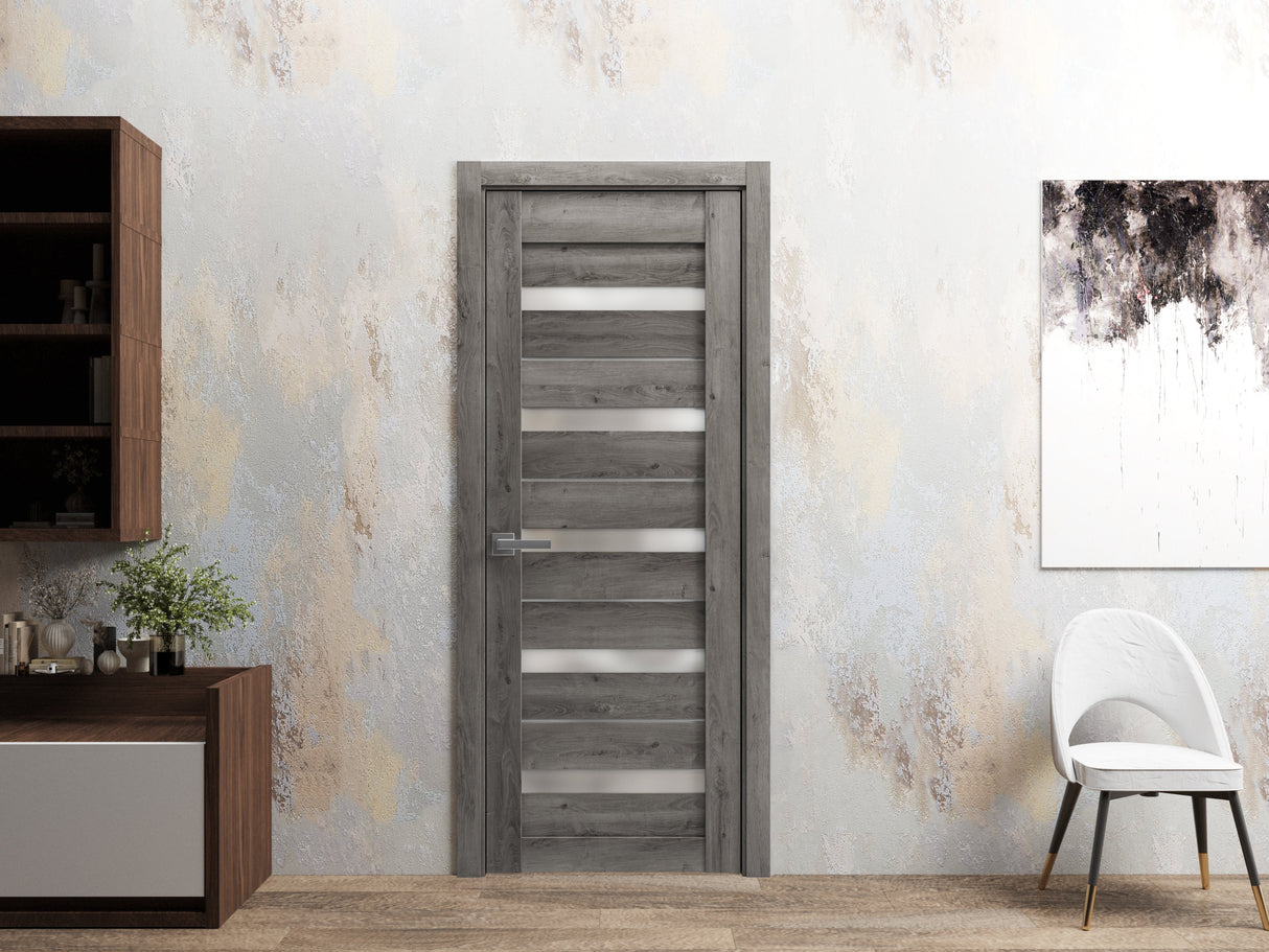 Solid French Door | Quadro 4445 Nebraska Grey with Frosted Glass | Single Regular Panel Frame Trims Handle | Bathroom Bedroom Sturdy Doors