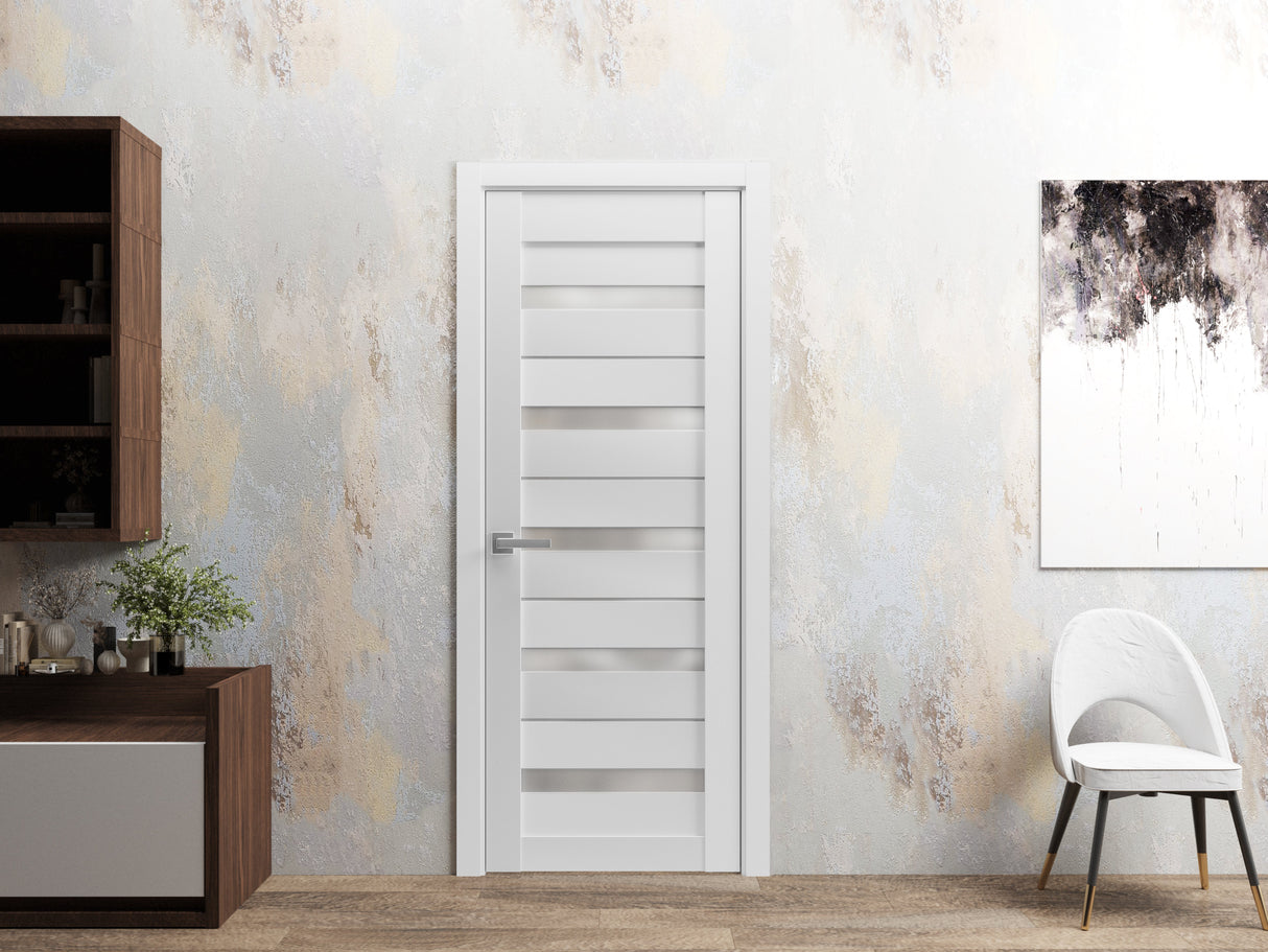 Solid French Door | Quadro 4445 White Silk with Frosted Glass | Single Regular Panel Frame Trims Handle | Bathroom Bedroom Sturdy Doors