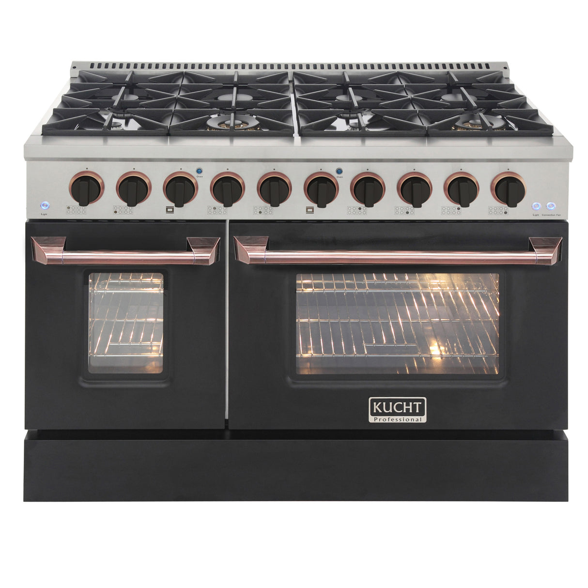 KUCHT Professional 48 in. 6.7 cu. ft. Dual Fuel Range for Propane Gas with Sealed Burners Griddle Grill and Two Ovens One Convection in Stainless Steel with Black Oven Door Black Knobs and Knob Rings