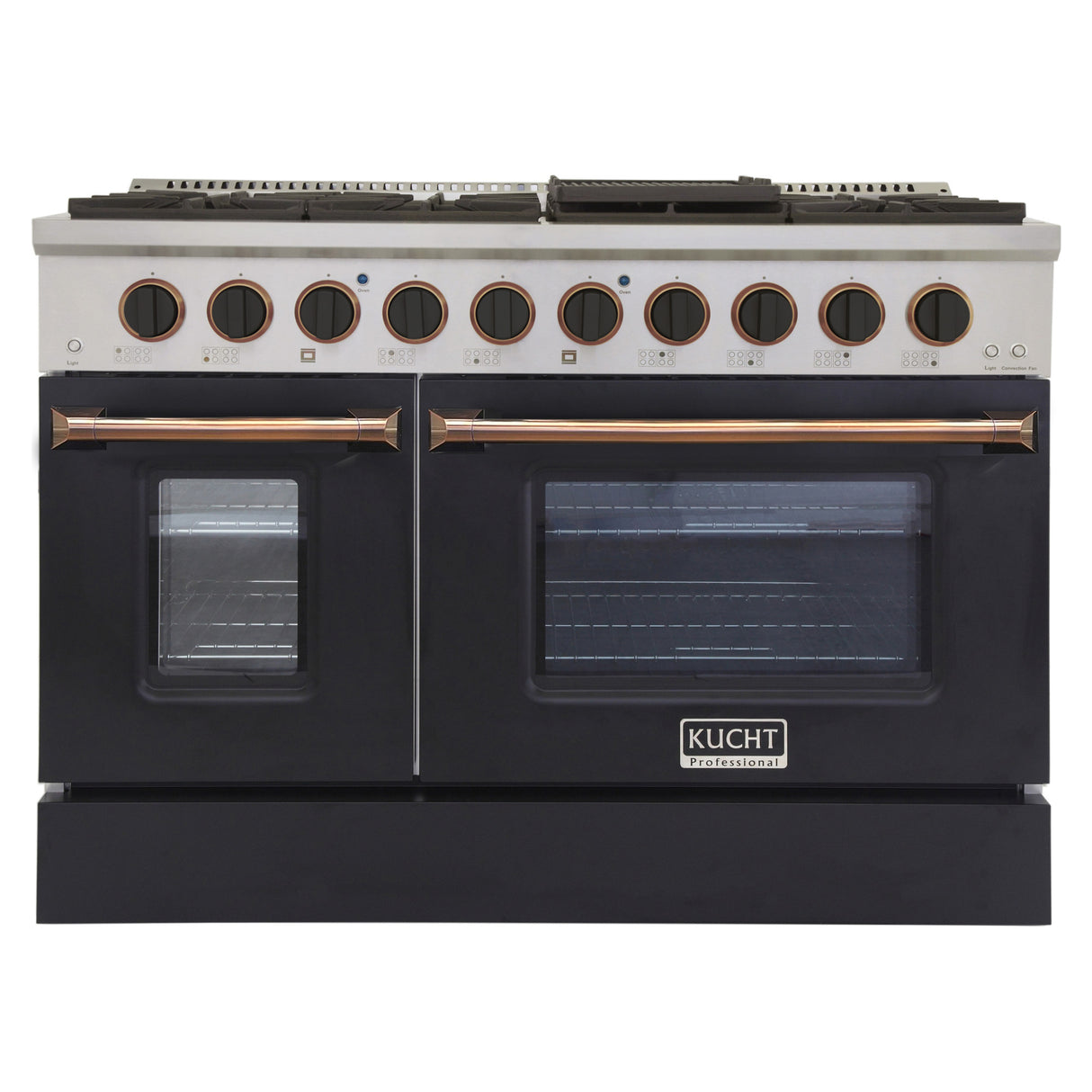 KUCHT Professional 48 in. 6.7 cu. ft. Dual Fuel Range for Natural Gas with Sealed Burners Griddle Grill and Two Ovens One Convection in Stainless Steel with Black Oven Door Black Knobs and Knob Rings