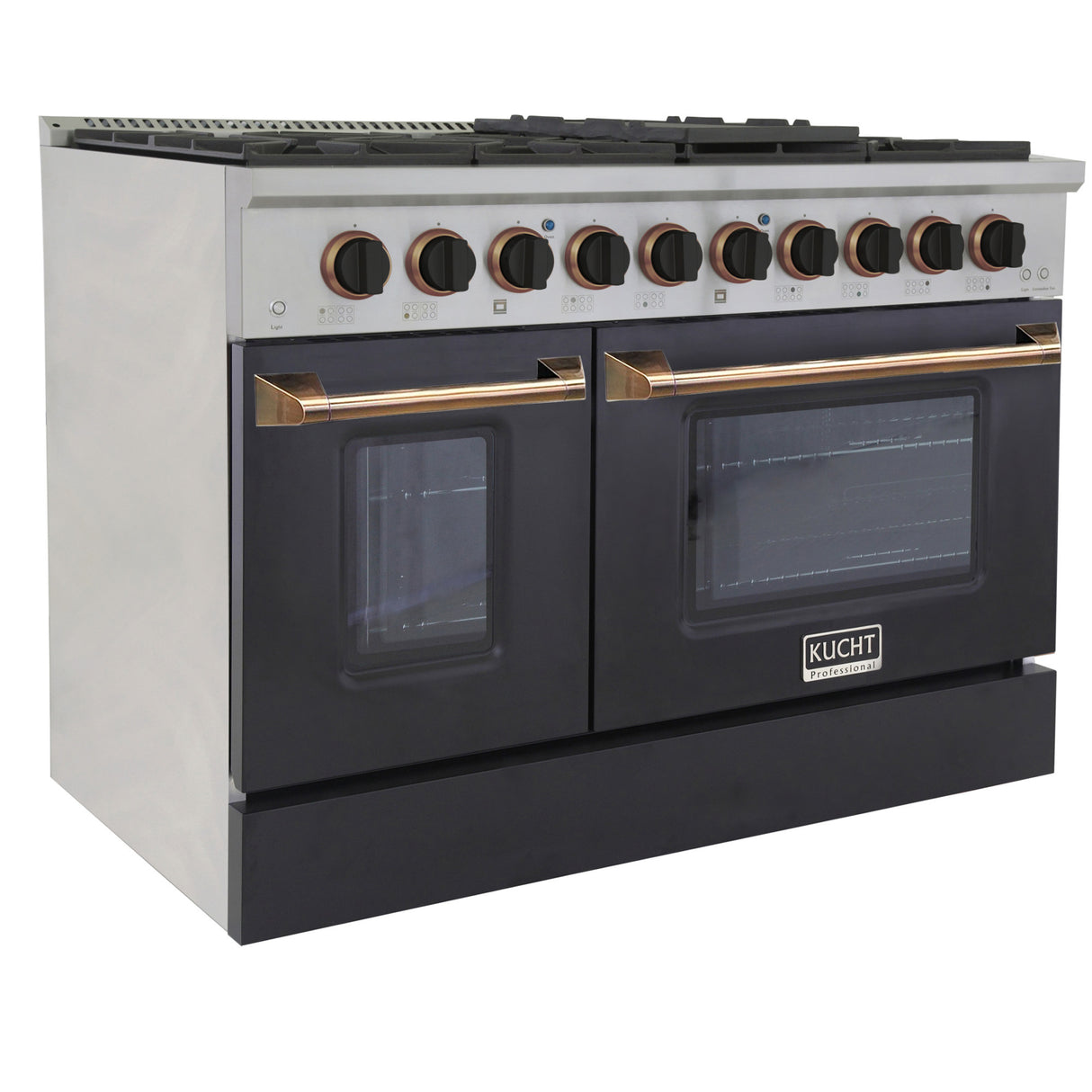 KUCHT Professional 48 in. 6.7 cu. ft. Dual Fuel Range for Natural Gas with Sealed Burners Griddle Grill and Two Ovens One Convection in Stainless Steel with Black Oven Door Black Knobs and Knob Rings