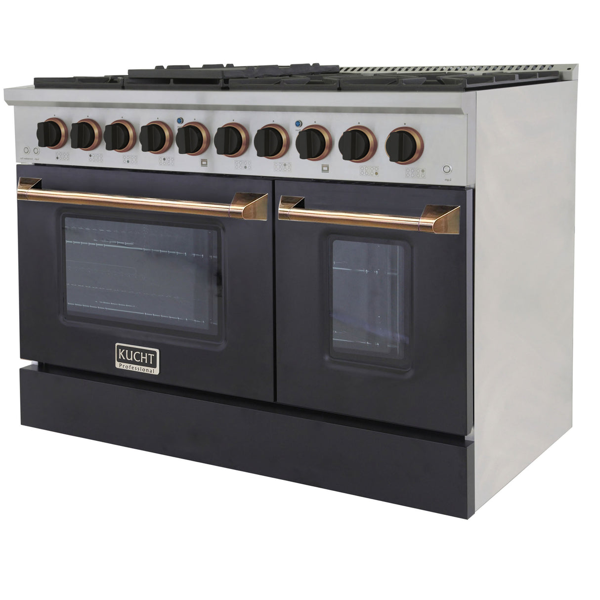KUCHT Professional 48 in. 6.7 cu. ft. Dual Fuel Range for Natural Gas with Sealed Burners Griddle Grill and Two Ovens One Convection in Stainless Steel with Black Oven Door Black Knobs and Knob Rings
