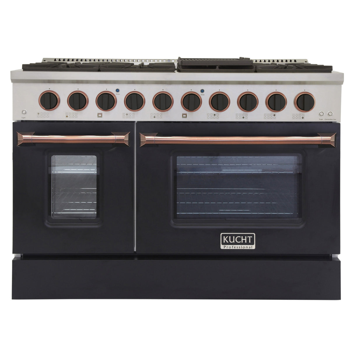 KUCHT Professional 48 in. 6.7 cu. ft. Dual Fuel Range for Propane Gas with Sealed Burners Griddle Grill and Two Ovens One Convection in Stainless Steel with Black Oven Door Black Knobs and Knob Rings