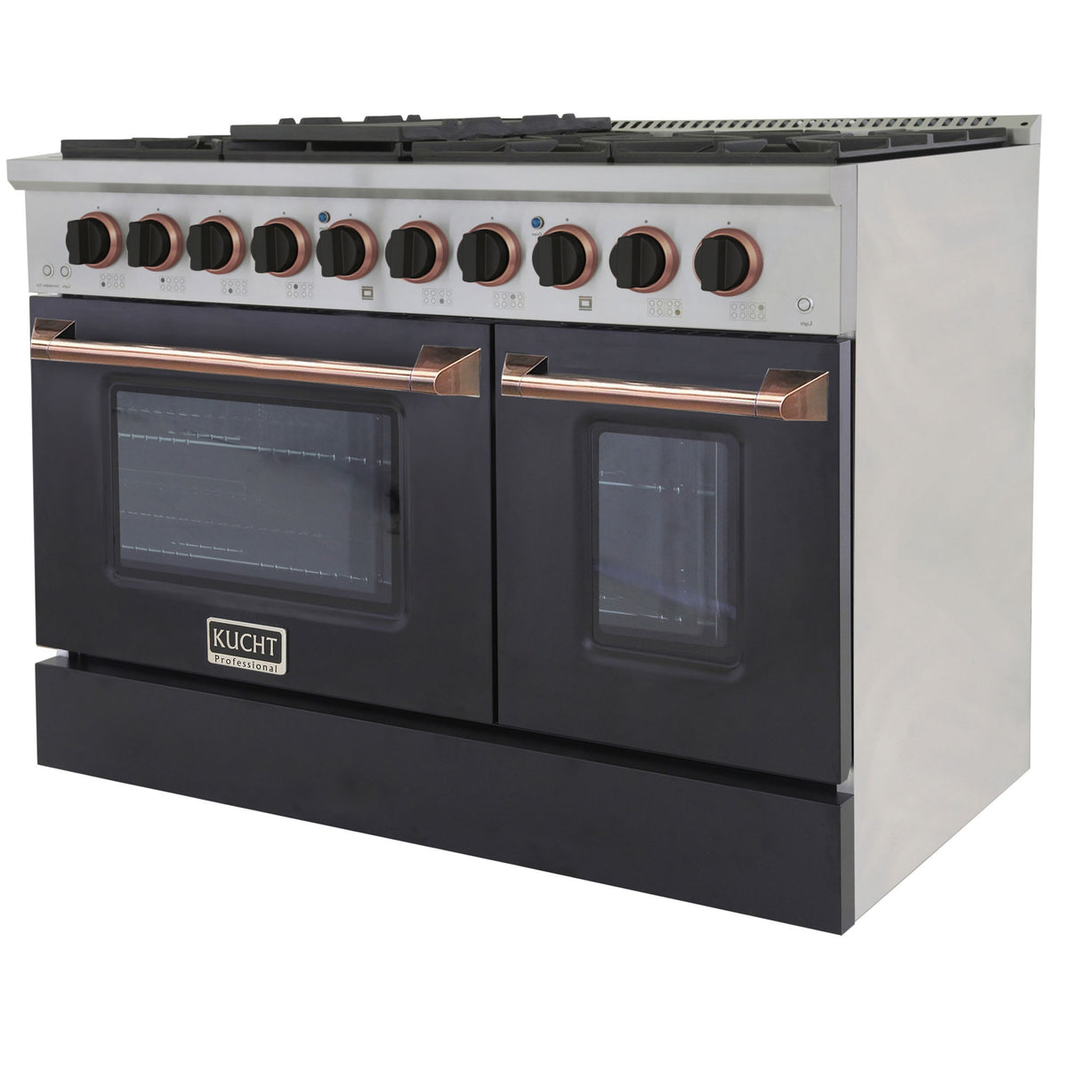KUCHT Professional 48 in. 6.7 cu. ft. Dual Fuel Range for Propane Gas with Sealed Burners Griddle Grill and Two Ovens One Convection in Stainless Steel with Black Oven Door Black Knobs and Knob Rings