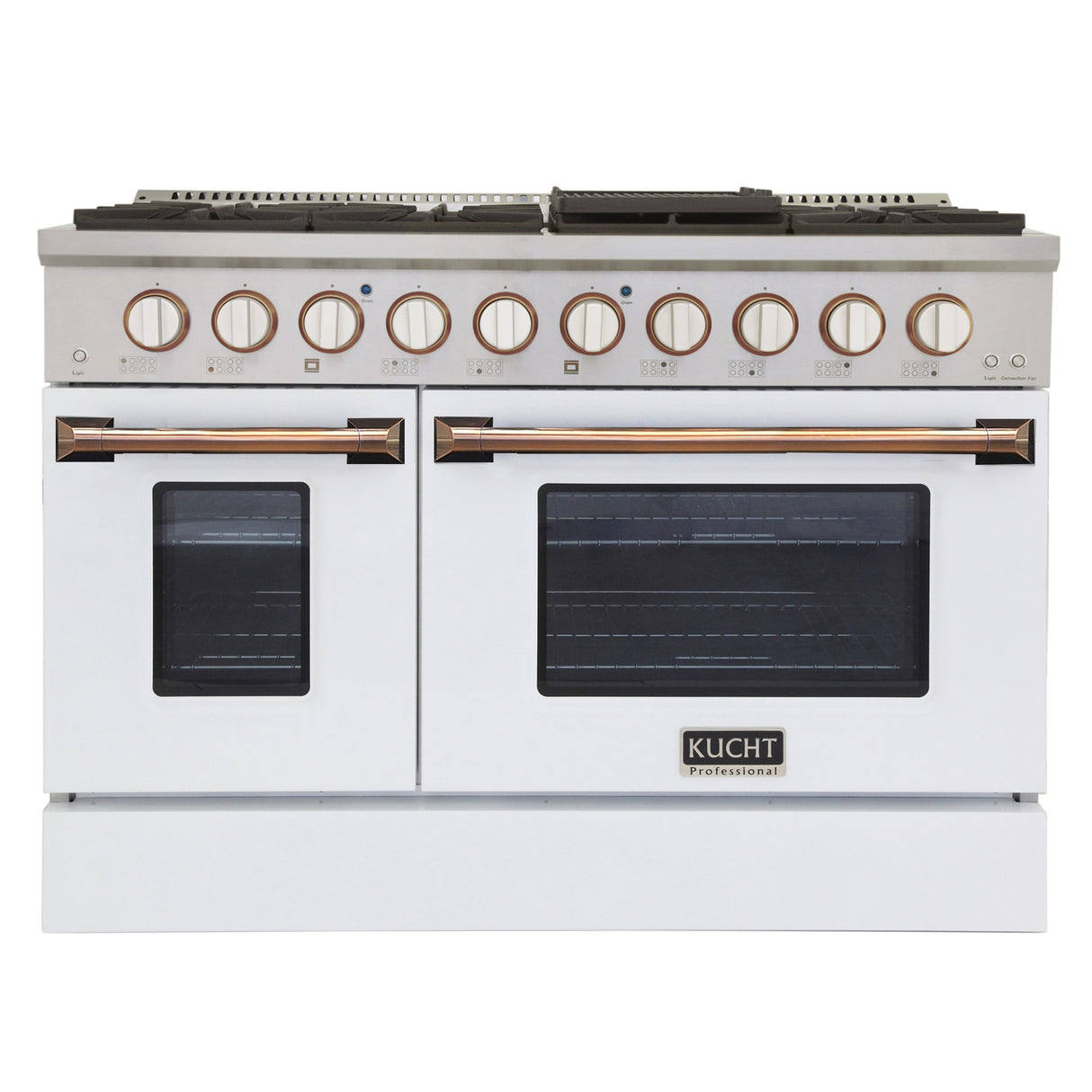 KUCHT Professional 48 in. 6.7 cu. ft. Dual Fuel Range for Natural Gas with Sealed Burners Griddle Grill and Two Ovens One Convection in Stainless Steel with White Oven Door White Knobs and knob rings