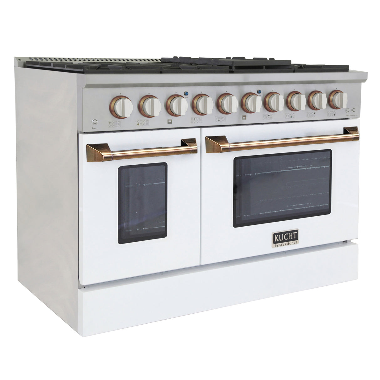KUCHT Professional 48 in. 6.7 cu. ft. Dual Fuel Range for Natural Gas with Sealed Burners Griddle Grill and Two Ovens One Convection in Stainless Steel with White Oven Door White Knobs and knob rings