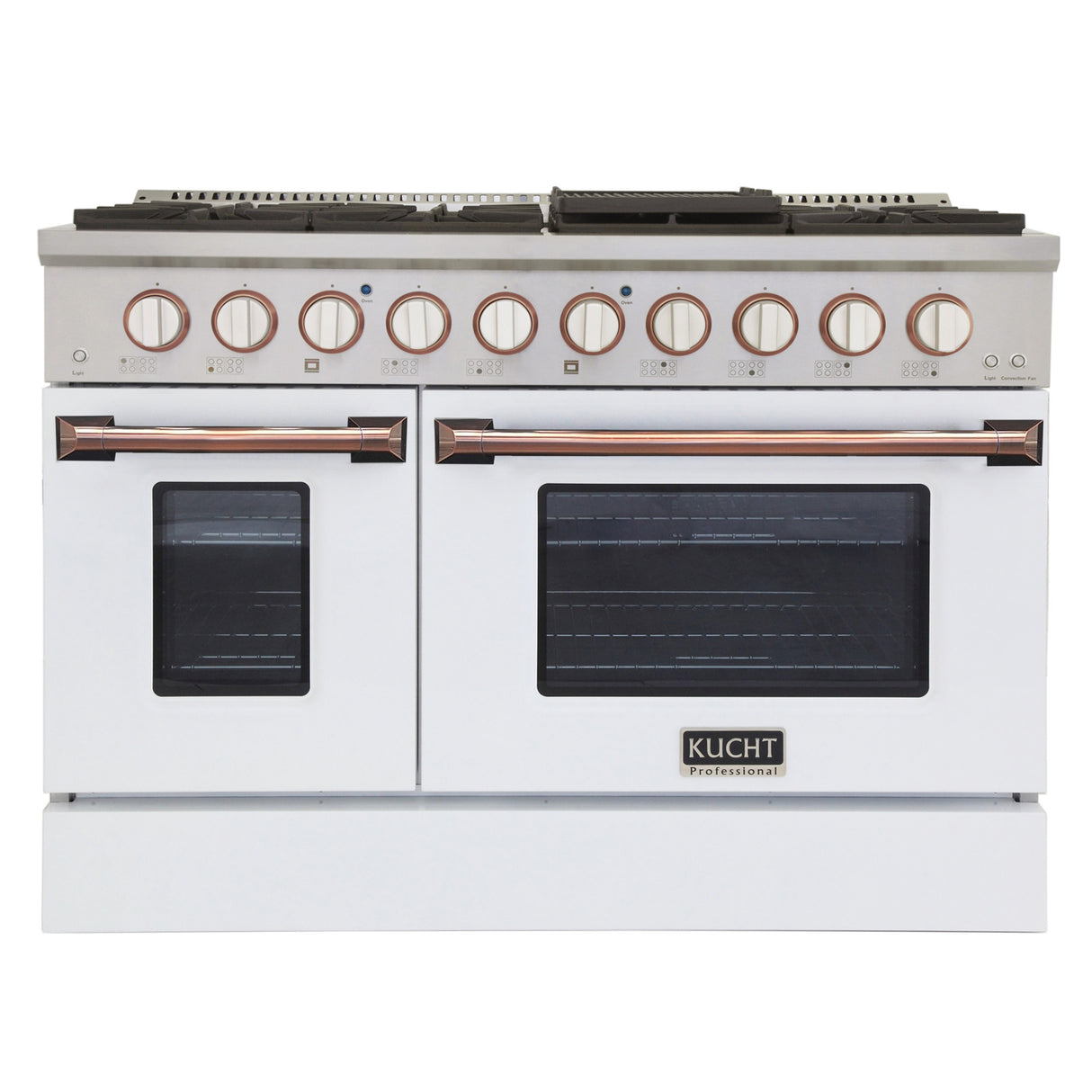 KUCHT Professional 48 in. 6.7 cu. ft. Dual Fuel Range for Propane Gas with Sealed Burners Griddle Grill and Two Ovens One Convection in Stainless Steel with White Oven Door White Knobs and knob rings