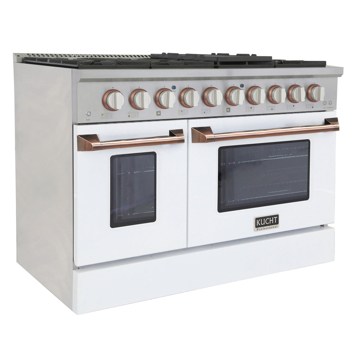 KUCHT Professional 48 in. 6.7 cu. ft. Dual Fuel Range for Propane Gas with Sealed Burners Griddle Grill and Two Ovens One Convection in Stainless Steel with White Oven Door White Knobs and knob rings