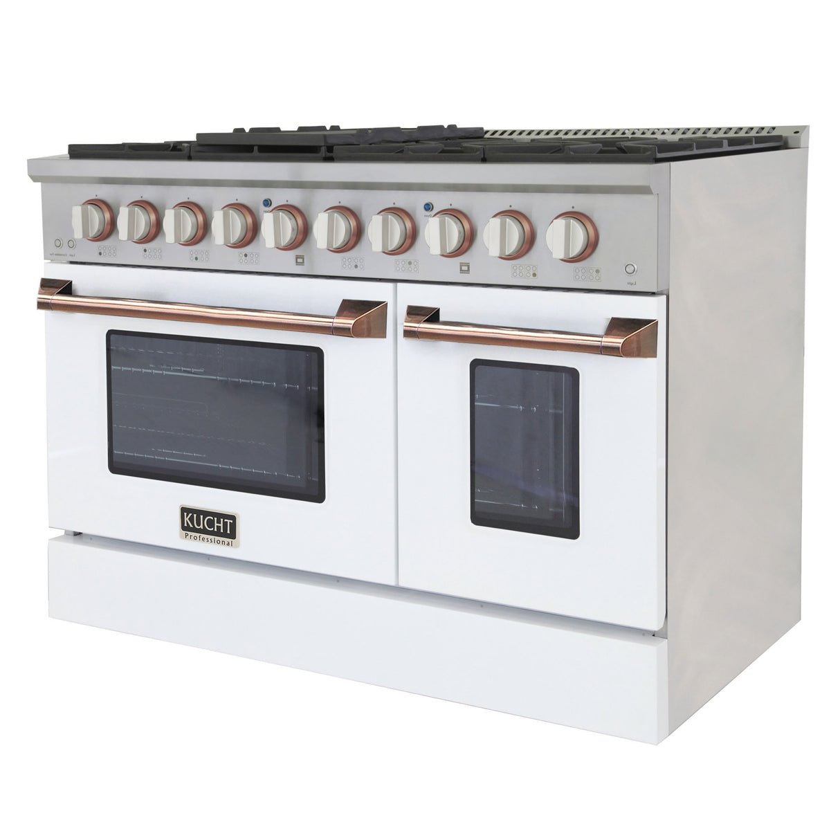 KUCHT Professional 48 in. 6.7 cu. ft. Dual Fuel Range for Natural Gas with Sealed Burners Griddle Grill and Two Ovens One Convection in Stainless Steel with White Oven Door White Knobs and knob rings