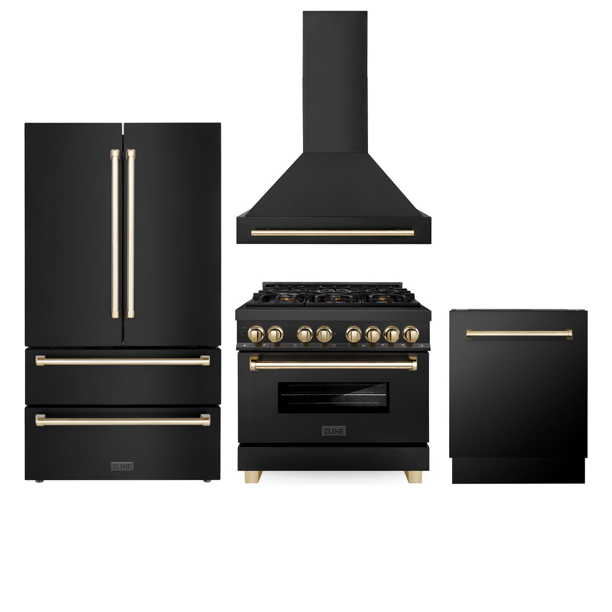 ZLINE 36" Autograph Edition Kitchen Package with Black Stainless Steel Dual Fuel Range, Range Hood, Dishwasher and Refrigeration with Polished Gold Accents (4AKPR-RABRHDWV36-G)