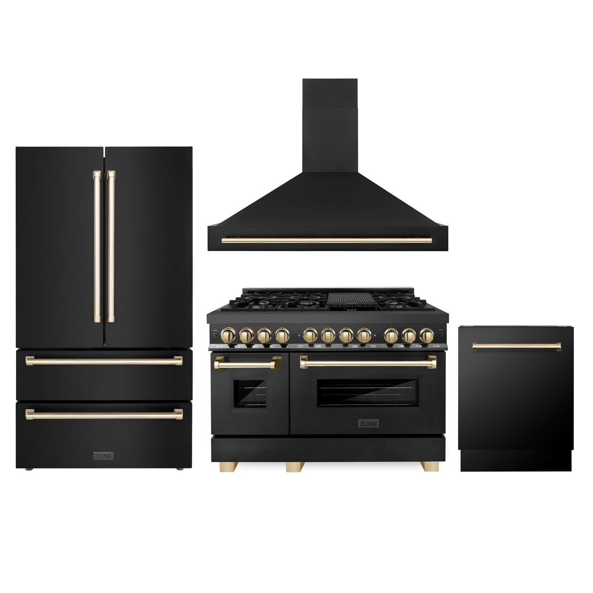 ZLINE 48" Autograph Edition Kitchen Package with Black Stainless Steel Dual Fuel Range, Range Hood, Dishwasher and Refrigeration with Polished Gold Accents (4AKPR-RABRHDWV48-G)