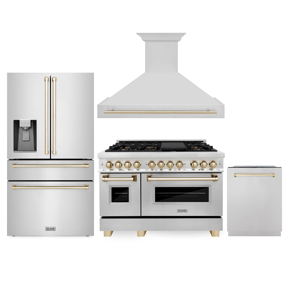 ZLINE 48" Autograph Edition Kitchen Package with Stainless Steel Dual Fuel Range, Range Hood, Dishwasher and Refrigeration with Polished Gold Accents (4AKPR-RARHDWM48-G)