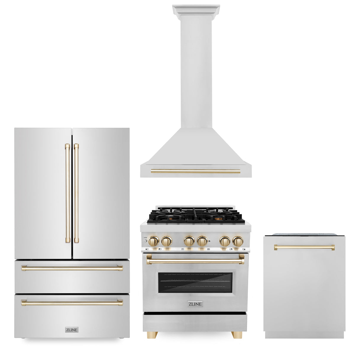 ZLINE 30" Autograph Edition Kitchen Package with Stainless Steel Dual Fuel Range, Range Hood, Dishwasher and Refrigeration with Polished Gold Accents (4KAPR-RARHDWM30-G)