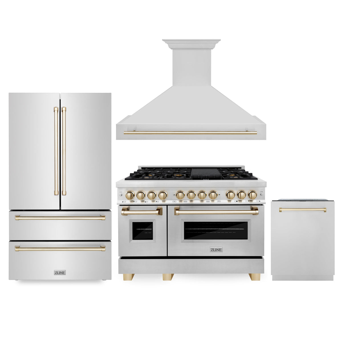 ZLINE 48" Autograph Edition Kitchen Package with Stainless Steel Dual Fuel Range, Range Hood, Dishwasher and Refrigeration with Polished Gold Accents (4KAPR-RARHDWM48-G)