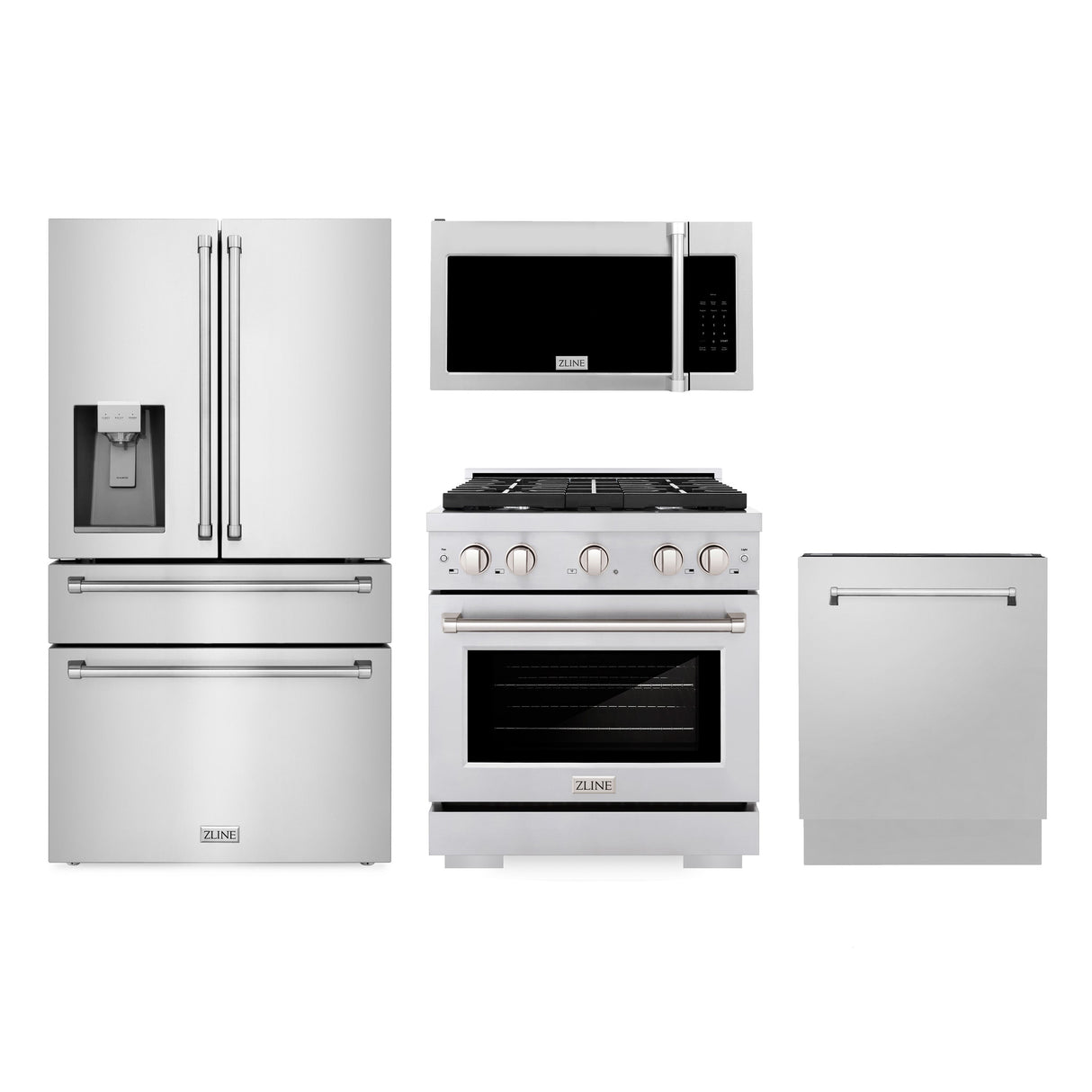 ZLINE Kitchen Package with Water and Ice Dispenser Refrigerator, 30" Gas Range, 30" Over the Range Microwave and 24" Tall Tub Dishwasher (4KPRW-SGROTRH30-DWV)