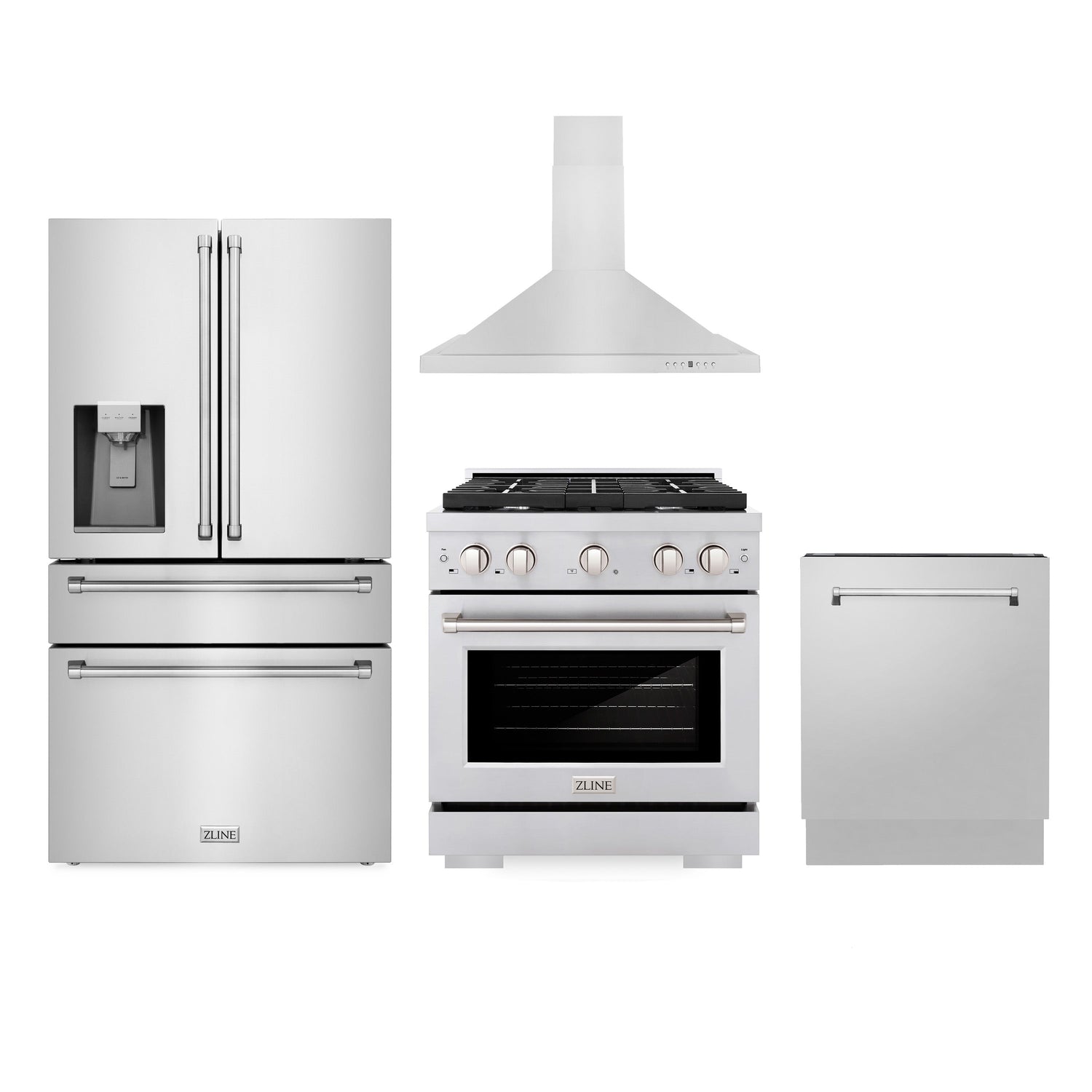 ZLINE Kitchen Package with Water and Ice Dispenser Refrigerator, 30" Gas Range, 30" Range Hood, and 24" Tall Tub Dishwasher (4KPRW-SGRRH30-DWV)